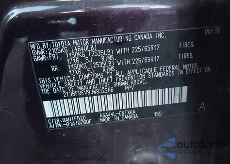 2018 Toyota Rav4 Le from USA, damaged, VIN 2T3BFREV9JW832286